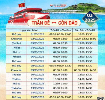 Thông Báo: Lịch Tàu Trần Đề - Côn Đảo 3/2025 (Tàu Trưng Nhị/Côn Đảo Express 36)