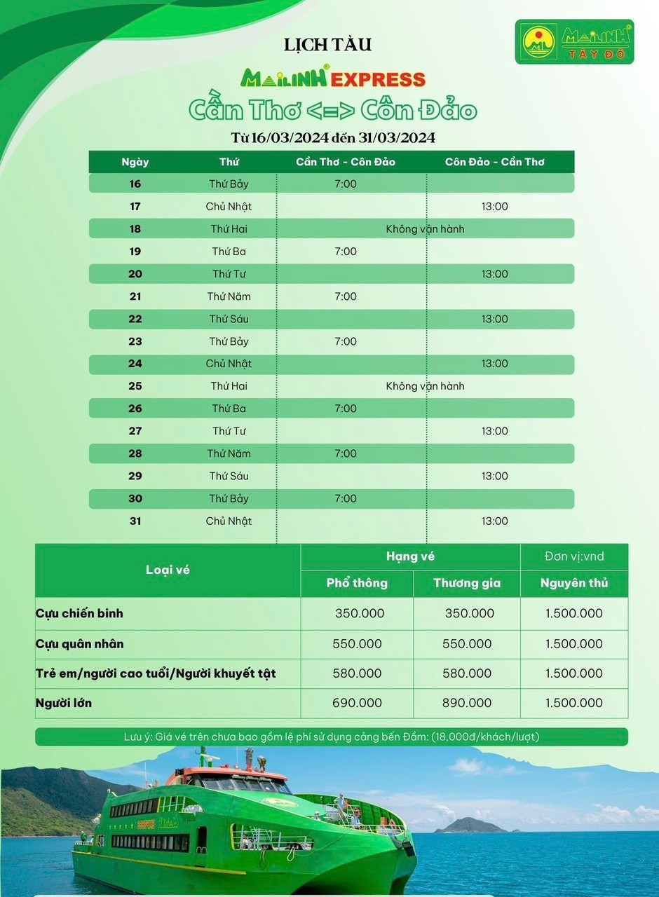 Lịch trình, giá vé tàu cao tốc Mai Linh Express Cần Thơ - Côn Đảo tháng 3/2024